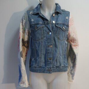 NWT Womens Shapeau Blue Jean Jacket With Quilted Patchwork Print Sleeves S/M
